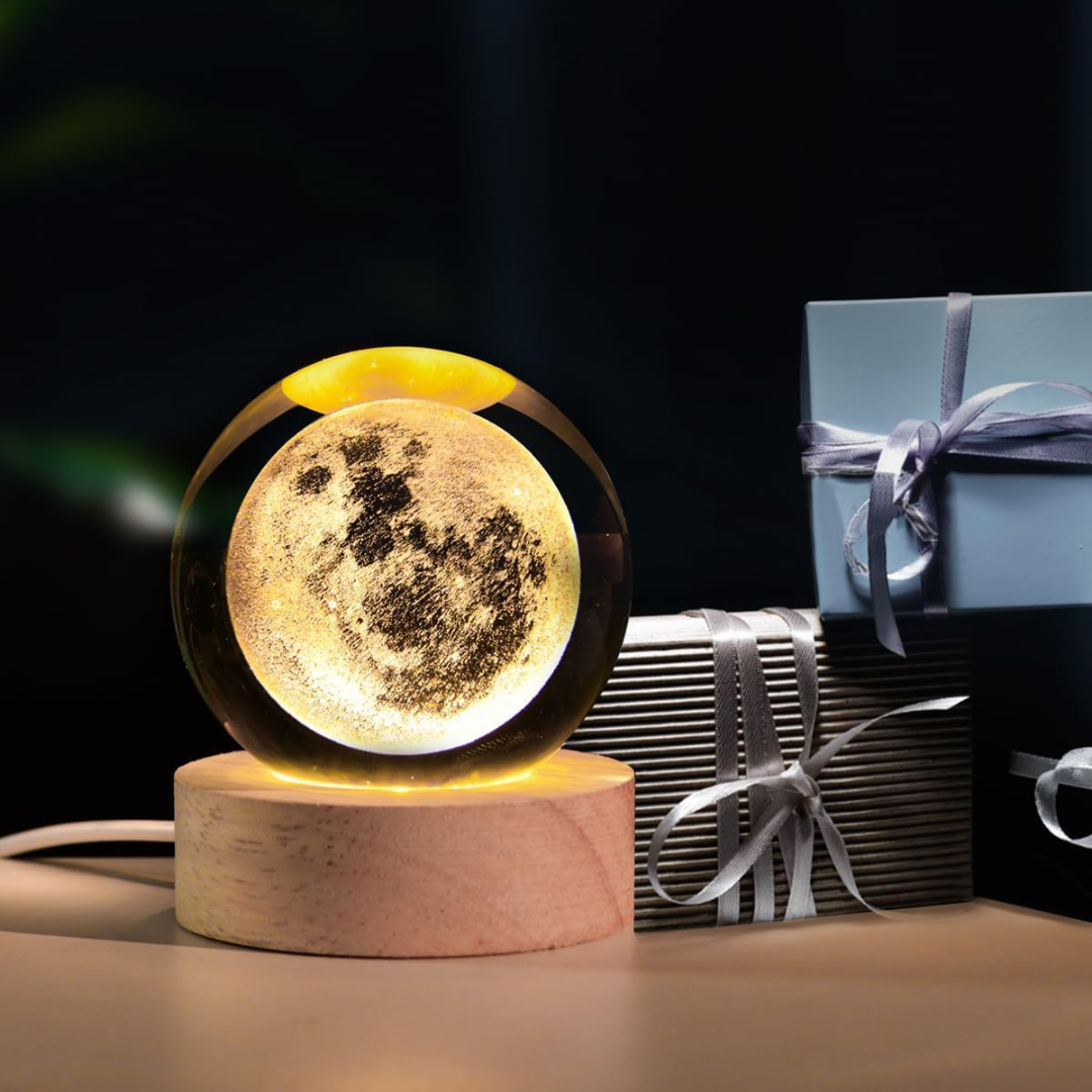 Lámpara de Luna Galáctica en Cristal 3D